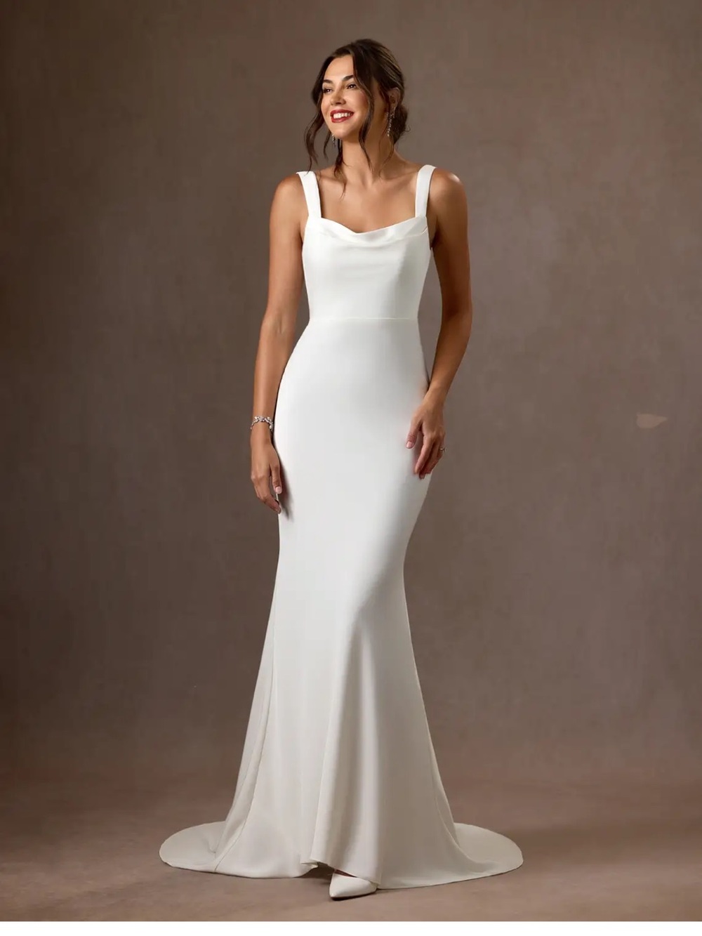 Elegant White Cowl Neck Sleeveless Bridal Gown- Leysa Dress size 4
